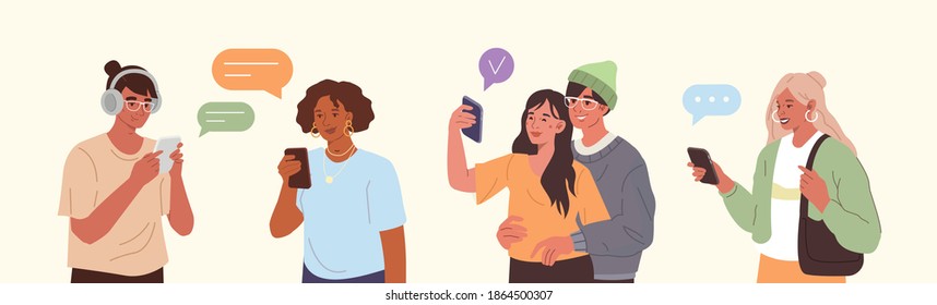 Young Fashionable People Looking on Smartphones and Chatting. Happy Boys and Girls Talking, Typing  and making Selfie on Phone. Female and Male Characters collection. Flat Cartoon Vector Illustration.