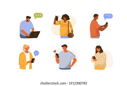 Young Fashionable People Looking on Smartphones, Laptop and Chatting. Happy Boys and Girls talking and typing on Phones. Female and Male Characters collection. Flat Cartoon Vector Illustration.