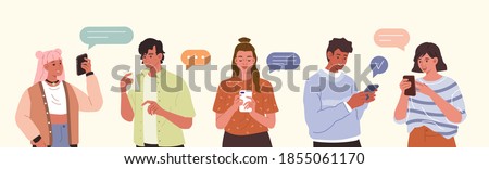 Young Fashionable People Looking on Smartphones and Chatting. Happy Boys and Girls talking and typing on Phone. Female and Male Characters collection. Flat Cartoon Vector Illustration.