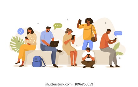 Young Fashionable People sitting Together, Looking on Smartphones and Chatting. Happy Boys and Girls talking and typing on Phone. Female and Male Characters. Flat Cartoon Vector Illustration.