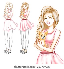 Young fashionable slender girl in pink dress hugs her little dog of a chihuahua. Tracing of aquarelle imitation. Hand sketch vector.