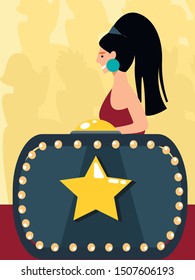 Young Fashionable Smiling Woman Wearing Stylish Dress Stand at Desk with Golden Star, Invited Guest on Talent Show or Judge Watching Performance of Artists on Stage. Cartoon Flat Vector Illustration