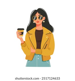 Young fashionable woman with coffee. Girl in modern clothes with drink. Flat vector illustration	