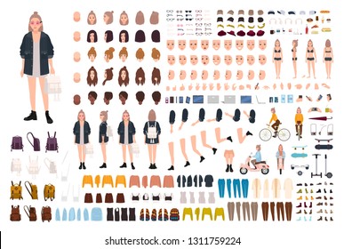 Young fashionable woman creation set or DIY kit. Set of body details, stylish casual clothes, gestures, faces, postures. Female cartoon character. Front, side, back views. Flat vector illustration