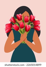 Young fashionable woman hides behind a bouquet of red tulip flowers. The concept of love and spring holiday. Vertical pink postcard. Vector.