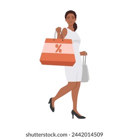 Young fashionable woman holding packages with clothes after shopping. Isolated concept girl character with perfect style. Flat vector illustration isolated on white background