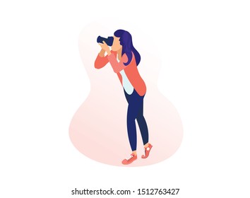 Young Fashionable Woman Making Pictures with Photo Camera Isolated on White Background, Girl Photographer Character, Tourist Visiting Musem Exposition, Creative Hobby Cartoon Flat Vector Illustration