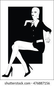 Young fashionable woman posing at the camera . Beautiful lady with short blonde hair in black. Black and white stylized vector illustration. Modern art