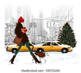 Young fashionable woman shopping in New-York for Christmas - vector illustration