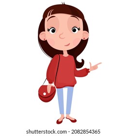 Young fashionably dressed woman points her finger to the side. Isolated image of a girl in a red sweater and jeans on a white background.