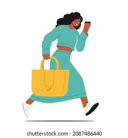 Young Fashioned Girl Running with Disposable Coffee Cup and Handbag, Office Worker Late at Work, Student Run to University, Businesswoman Haste on Meeting, Character Hurry. Cartoon Vector Illustration