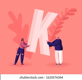 Young Fashioned Woman and Hipster Man in Casual Clothing Holding Huge Letter K in Hand. Concept of Gratitude for Good Job or Service. Thank You Typography and Spelling. Flat Vector Illustration