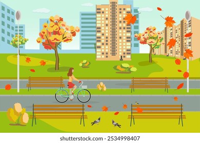 Young fashionista rides along a bike path through an autumn city park on a ladies' bike among falling leaves, birds, against the backdrop of a city landscape, clouds in a clear sky