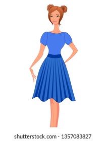 Young fasion woman in blue dress wiht curl isolated on white