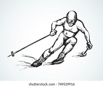 Young fast sporty fun healthy male person on white ice alp mountain wintertime background. Line black ink hand drawn picture sketchy in art modern doodle graphic style pen on paper with space for text
