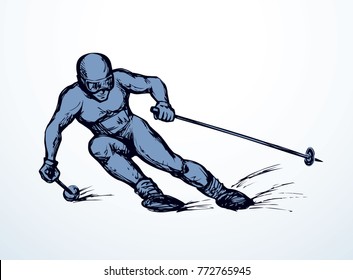 Young fast sporty healthy male person on white ice mountain wintertime background. Line black ink hand drawn picture sketchy in art modern doodle graphic style pen on paper with space for text