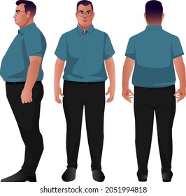 young fat business men character in different poses set vector illustration