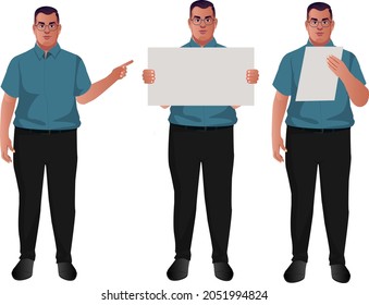 young fat business men character in different poses set vector illustration