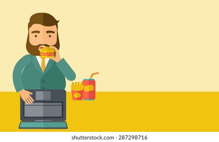 A young fat guy eating burger, fries, and soda for drink while working on his laptop. Business concept. A Contemporary style with pastel palette, soft beige tinted background. Vector flat design