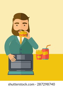 A young fat guy eating burger, fries, and soda for drink while working on his laptop. Business concept. A Contemporary style with pastel palette, soft beige tinted background. Vector flat design