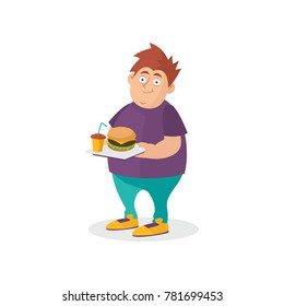 Young fat guy holding hamburger and sweet drink on tray. Fast food addiction. Cartoon man character in t-shirt and jeans. Unhealthy lifestyle. Flat vector design