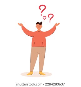 A young, fat guy with unfolding arms thinks about what to do, characters with question marks. Student or businessman thinking, pondering. Vector illustration on white background