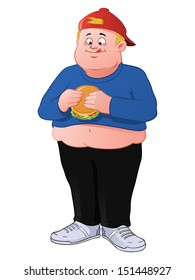 A young, fat kid with a belly eating a hamburger.