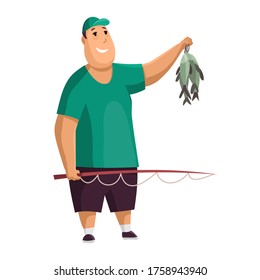 Young fat man with fish rod and fishes  