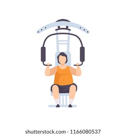 Young fat man flexing muscles on trainer gym machine, obesity man wearing sports uniform doing fitness exercise, weight loss program concept vector Illustration