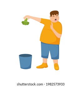 Young Fat Man Refuse Eating Broccoli And Throws It In Trash Can. Guy With Refusing Gesture, Facial Expression Of Disgust. Picky Food Eater. Unhealthy Lifestyle Concept. Vector Cartoon Illustration.