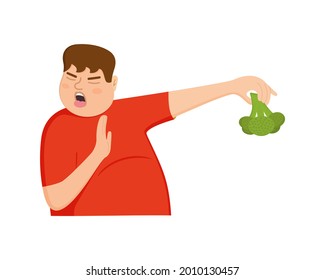 Un joven gordo se niega a comer brócoli. El tipo con gesto de rechazo, expresión facial de disgusto. Comida complicada. Concepto de estilo de vida poco saludable. Ilustración de dibujos animados.