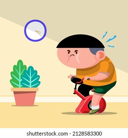 Young fat man riding a exercise bike for lose weight. Flat vector design illustration