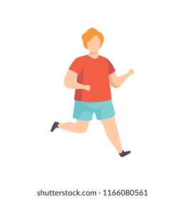 Young fat man running, obesity man wearing sports uniform doing fitness exercise, weight loss program concept vector Illustration on a white background