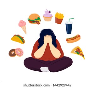 Young fat woman in depression sitting crosslegged covering her face with hands surrounded by fast food products. Flat modern trendy style.Vector illustration character icon. Food addiction concept.