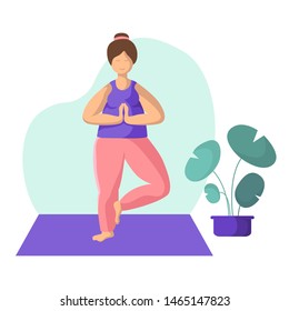 Young fat woman doing yoga on mat, pretty girl doing sport exercise and meditation. Female character in flat style. Isolated figure and potted flower, vector illustration