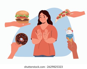 Young fat woman showing a negative gesture and stop to the fast food. Burger, pizza, donut and ice cream on hands. Vector cartoon flat style illustration