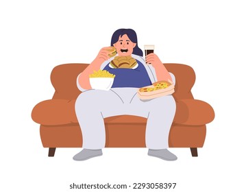 Young fat woman sitting on sofa eating pizza, fried french fries junk food and drinking soda