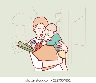 Young father with baby boy in front of a supermarket. Hand drawn style vector design illustrations.