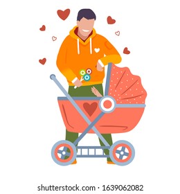 Young father with baby carriage. Father entertains his little daughter in pram shows children's toy. Family man, fatherhood. loving father smiles over the stroller in which his newborn daughter is.