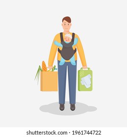 A Young Father With A Baby In A Baby  Carrier Bag Holds Eco Diapers And Products In Eco Paper Packaging. Dad And Baby Come Back From The Store.