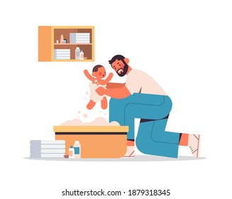 young father bathing little son in small bath tub fatherhood concept dad spending time with his kid full length horizontal vector illustration