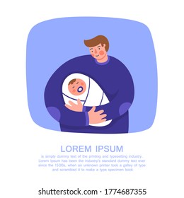 Young father with beautiful little baby in his arms. Happy Fathers' day card. Father love. Dad holding his newborn baby. Baby lying on father's arm. Father caring for his baby. Vector flat style.