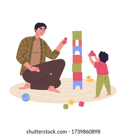 Young father builds a tower of cubes with his child.Block game for children.Father and baby spend time together.Hand drawn style.Character design.Colorful vector illustration in flat cartoon style.
