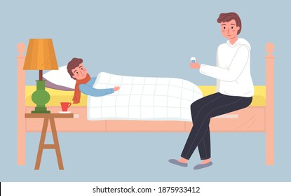 Young father caring for a sick son. A sick boy lies in bed and his parent gives him medicine. Dad measuring temperature to kid, treats him. Child care, parenthood illustration on blue background