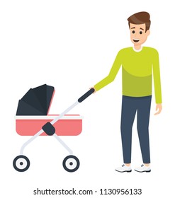 
A young father carrying baby pram, father care for his child
