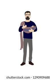 Young father is carrying baby in a sling