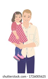 Young father carrying his little daughter isolated on white background. Dad holding baby girl. Father’s day holiday, happy family and fatherhood concept. Simple flat vector illustration.