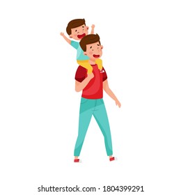 Young Father Carrying His Son on His Shoulder Walking Vector Illustration