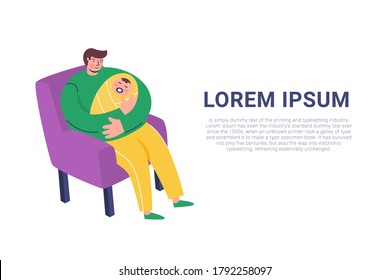 Young father in a chair with beautiful little baby in his arms. Happy Fathers' day card. Father love. Dad holding his newborn baby. Baby lying on father's arm. Father caring for his baby. Vector
