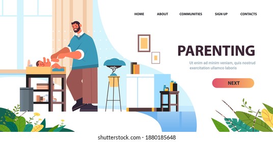 young father changing diaper to his little son fatherhood parenting concept dad spending time with baby at home living room interior full length horizontal copy space vector illustration